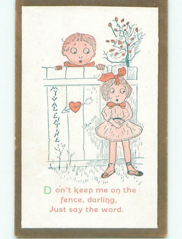 Pre-Linen valentine BOY WATCHES GIRL FROM BEHIND THE FENCE k9686