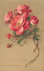 B572 Catherine Klein naturalistic flowers drawn red roses artist postcard