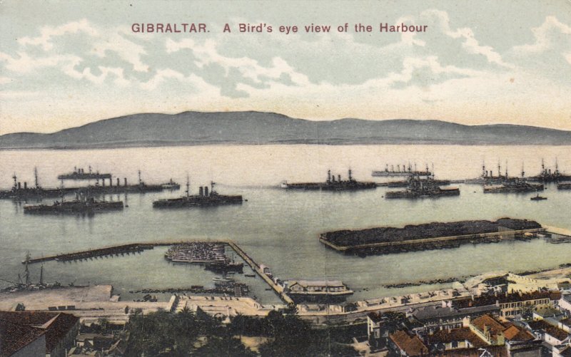 P1871 old postcard gibraltar birds eye view of ships in the harbour