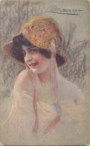 Italian illustrator Guerzzoni beauty lady fancy hat 1918