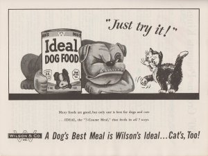 1950 Print Ad Wilson's Ideal Dog Food, Bulldog and Cat Just try it!