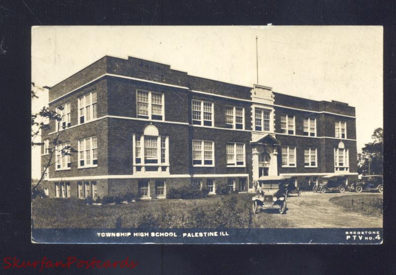 RPPC PALESTINE ILLINOIS TOWNSHIP HIGH SCHOOL ANTIQUE CARS REAL PHOTO POSTCARD