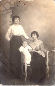 RPPC Two Women with Bangs and Short looking Hair and Baby Real Photo Postcard