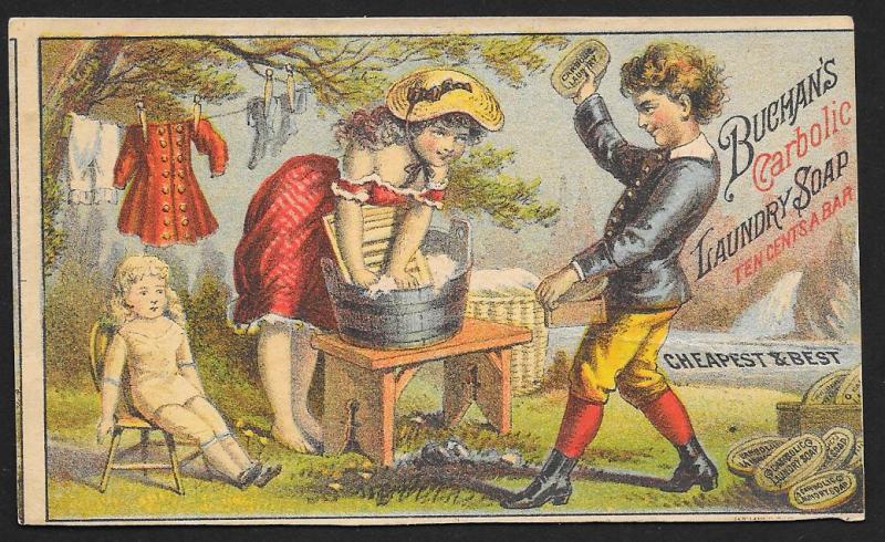 VICTORIAN TRADE CARD Buchans Carbolic Laundry Soap Girl Washing Dolls Clothes