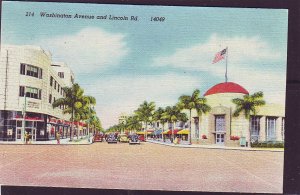 P1438 old unused postcard cars signs washington st lincoln rd miami florida