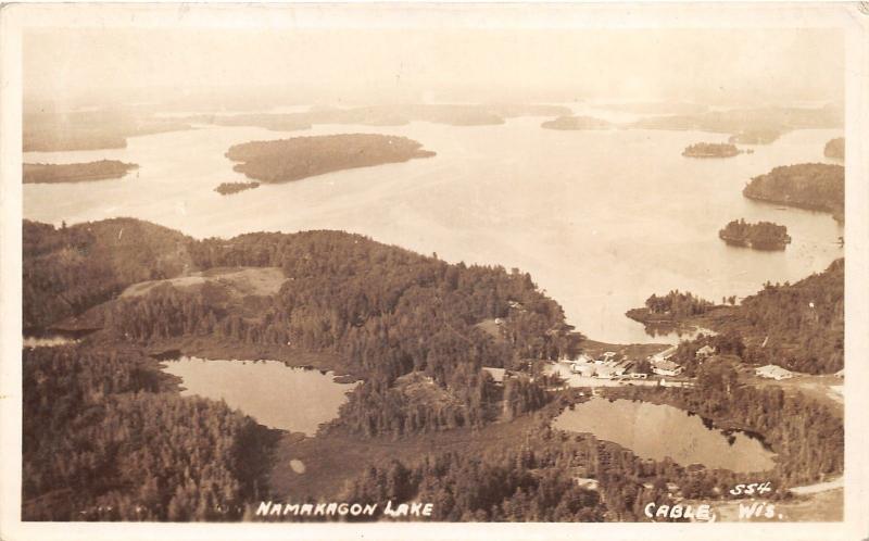 Cable Wisconsin~Namakagon Lake Aerial View~Houses along Road~1940 RPPC-Postcard