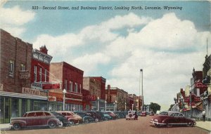 Postcard; Laramie WY Second Street & Business District Signs & Cars, Sanborn