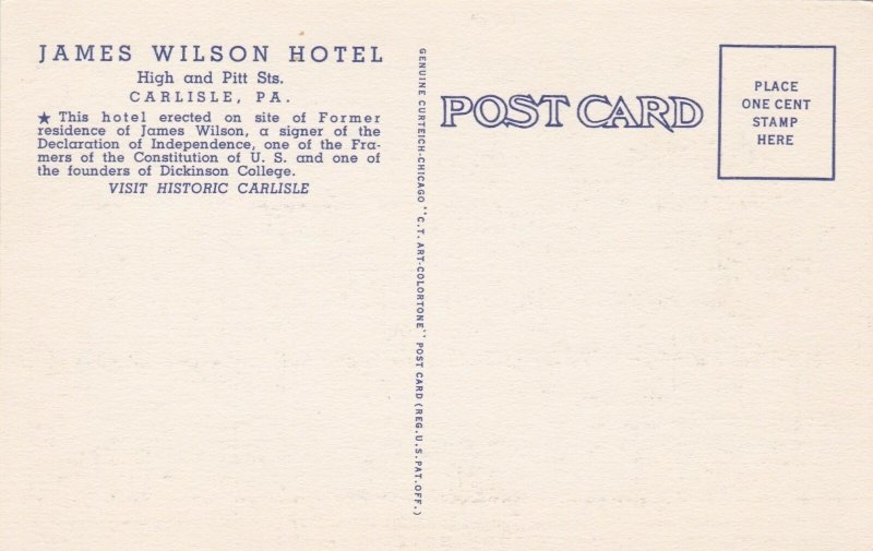 Pennsylvania Carlisle James Wilson Hotel Curteich sk817