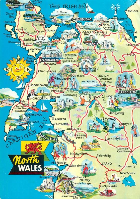 North Wales map postcard