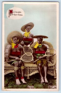 Africa Postcard Kind Thoughts Best Wishes Natives Tennis c1940's RPPC Photo