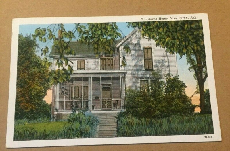 VINTAGE UNUSED PENNY LINEN POSTCARD BOB BURNS HOME, VAN BUREN, ARK.