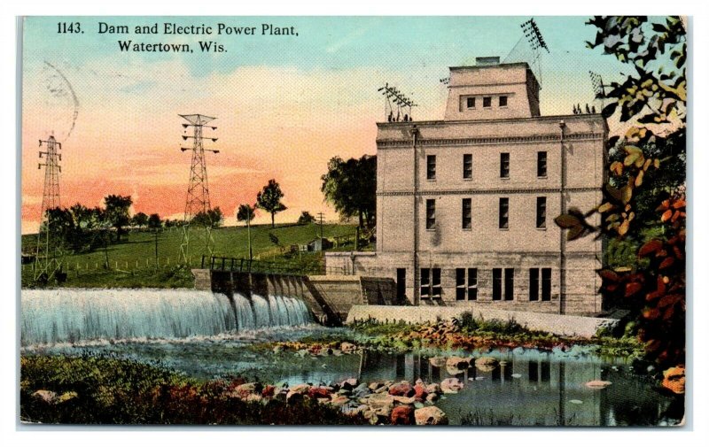 1912 Dam and Electric Power Plant, Watertown, WI Postcard *6E(3)1