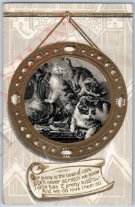 c1910s Adorable Kittens Our Pussy is the Best Embossed Gilt Frame Cats PC A194