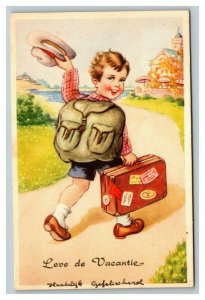 Vintage 1952 Comic Postcard Cute Dutch Boy Backpack & Suitcase Going to Beach