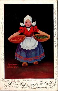Bernhardt Wall, My Busy Day Dutch Girl Wooden Bowls Apples Vintage Postcard K02
