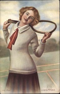 Tennis Beautiful Woman LAWN-TENNIS Field Censor WWI Cancel c1916 Postcard