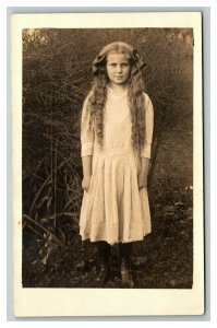 Vintage 1910's RPPC Postcard Cute Blonde Girl in White Dress in the Garden