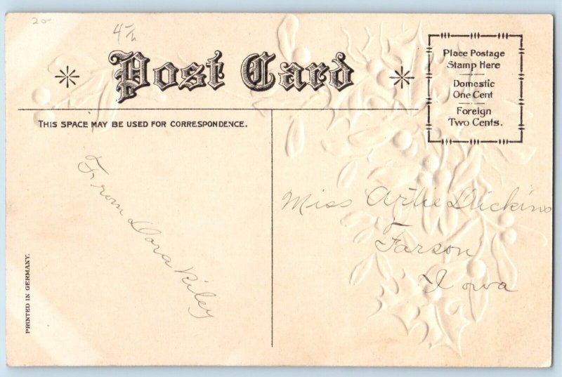 Christmas Postcard Children Mistletoe Holly Berries Embossed Nash c1910's Posted
