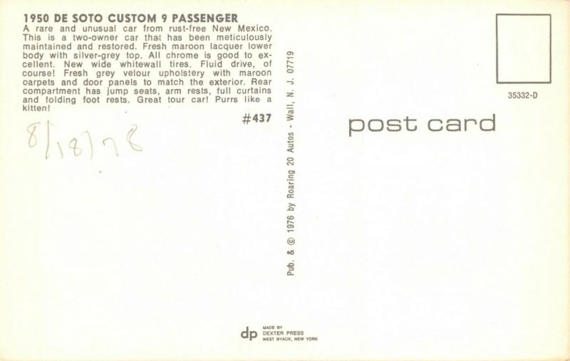 1950 DE SOTA CUSTOM 9 PASSENGER AUTOMOBILE-PURRS LIKE A KITTEN POSTCARD 