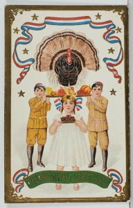 Thanksgiving Greetings Patriotic Children Dinner Tray Turkey Postcard Q5