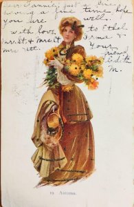 AUTUMN Edwardian Woman Flowers Glitter 1907 Vintage Postcard