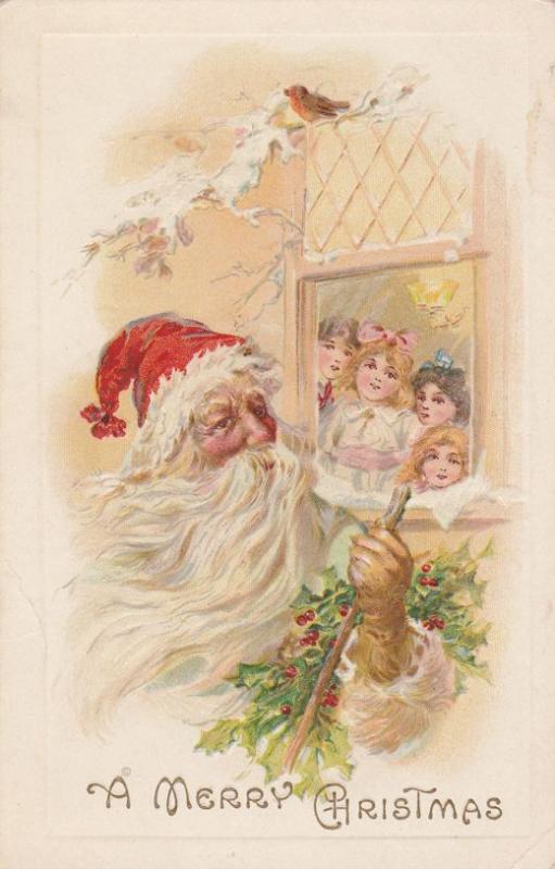 Children looking at Santa Claus - Merry Christmas Greetings - DB - A S Meeker