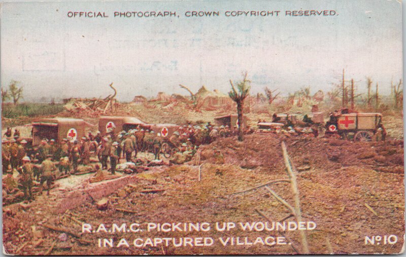 RAMC Picking Up Wounded Captured Village Red Cross WW1 Postcard E79