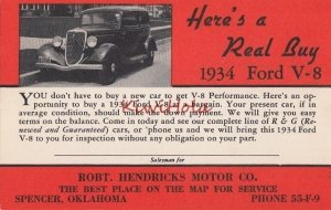 Postcard Car 1934 Ford V-8 Here's a Real Buy Robt Hendricks Motor CO Spencer OK