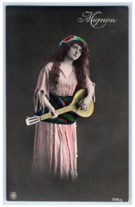 c1910's Pretty Woman Migman Playing Lute Guitar RPPC Photo Antique Postcard
