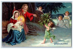 Christmas Postcard Angels Cherub Religious Winter Embossed c1910's Antique