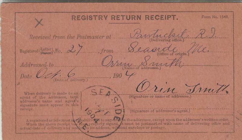 REGISTRY RETURN RECEIPT - P.O. DEPT. OFFICIAL BUSINESS - cancel 1904