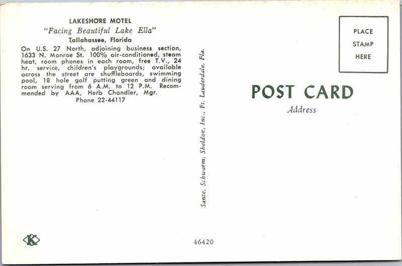 Postcard MOTEL SCENE Tallahassee Florida FL AL5799