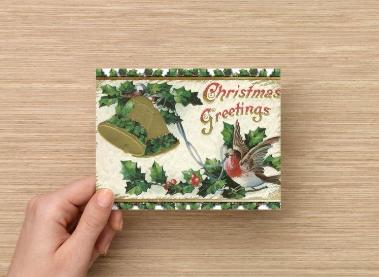 Set of 6 repurposed Christmas Postcards, Snowbird with Ribbon In Beak Gold Bell