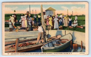 COLON, PANAMA ~ Unloading Coconuts at SATURDAY MORNING MARKET c1930s  Postcard