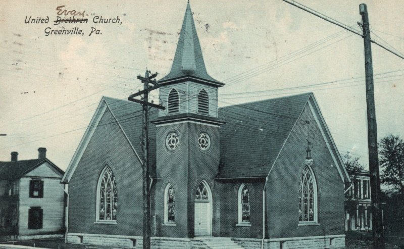 United Brethren Church Greenville Pennsylvania Religious Vintage Postcard 1911