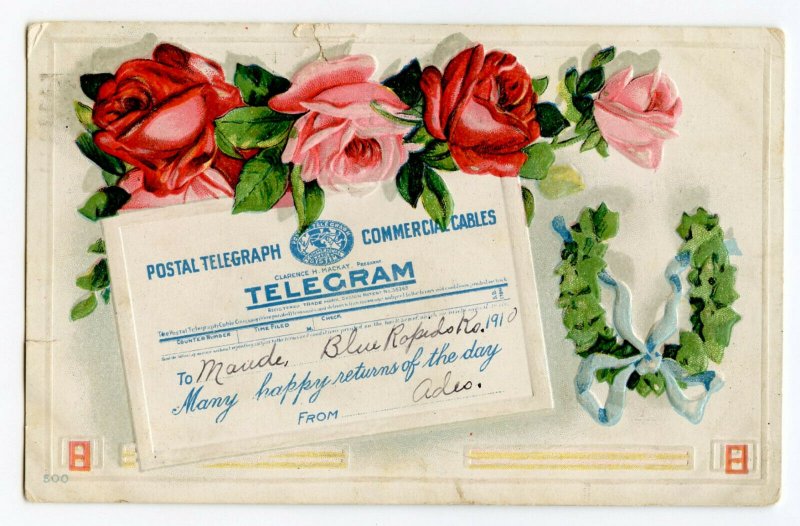 Postcard Postal Telegraph Many Happy Returns Embossed Roses Standard View Card 