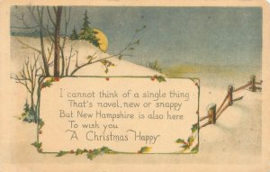 Christmas Postcard, Moon Behind Tree, Wooden Fence New Hampshire Christmas Wish