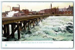 Janesville Wisconsin Postcard Below Upper Dam CM St. Paul Railroad Bridge c1905