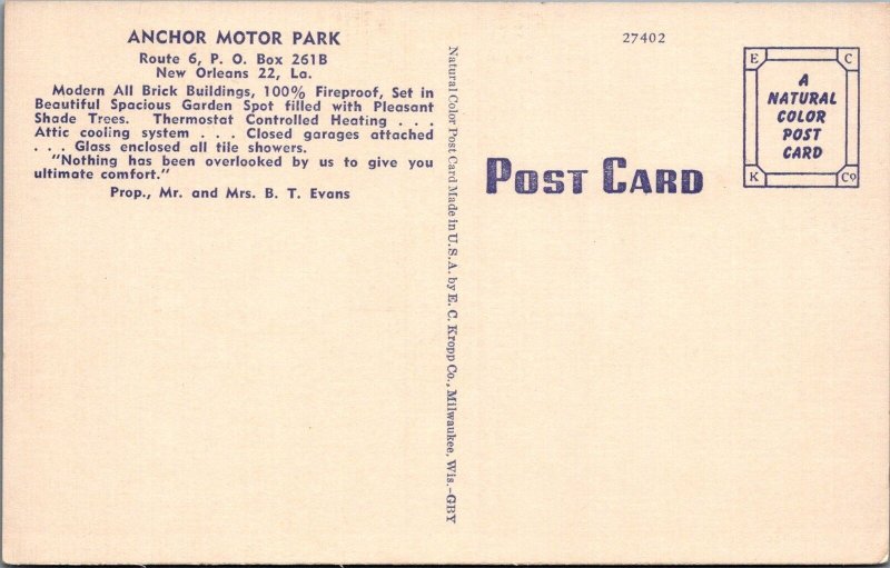 Postcard Anchor Motor Park On US 11 & 90 East Side New Orleans LA