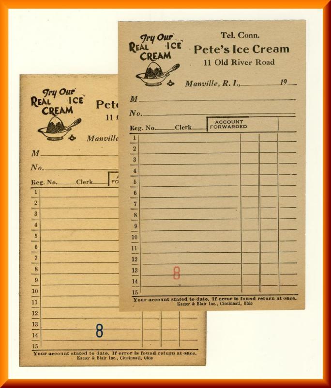 Pete's Ice Cream Order Slip/Check, Manville, Rhode Island/RI