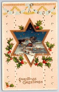 Christmas Greetings Holy Leaf Cherry And Winter Village Posted Postcard