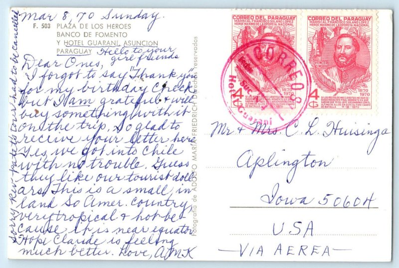 Asuncion Paraguay Postcard Plaza de Los Heroes Hotel Guarani 1970 Vintage Posted
