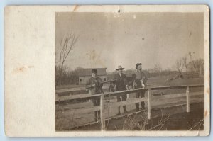 Hunting Rabbit Dog  Postcard RPPC Photo Men With Rifle Scene Bridge c1910's