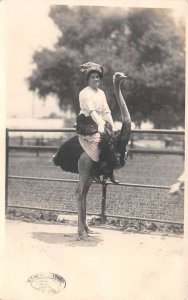 Pasadena California Cawston Farm Lady Riding Ostrich Real Photo PC AA109480