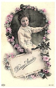 RPPC Bonne Annee Young French Child Circle Floral Portrait French Postcard