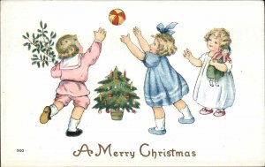 Christmas Little Girls and Boy Playing Ball c1910 Vintage Postcard