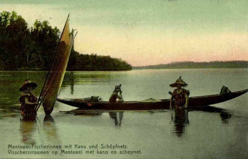 indonesia, MENTAWAI MENTAWEI, Native Fishing Women Canoe Net (1908) Postcard