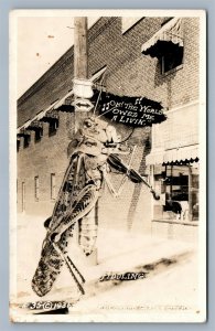 EXAGGERATED GRASSHOPER FIDDLING VINTAGE REAL PHOTO POSTCARD RPPC GARDEN CITY KS