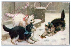 c1910's Christmas Greetings Cats Catching Bird Winter Oilette Tuck's Postcard