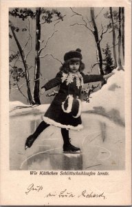 Girl Ice Skating Wie Käthchen Schlittschuhlaufen Lernen Vintage Postcard C004